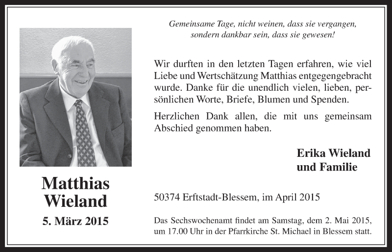  Traueranzeige für Matthias Wieland vom 29.04.2015 aus  Werbepost 