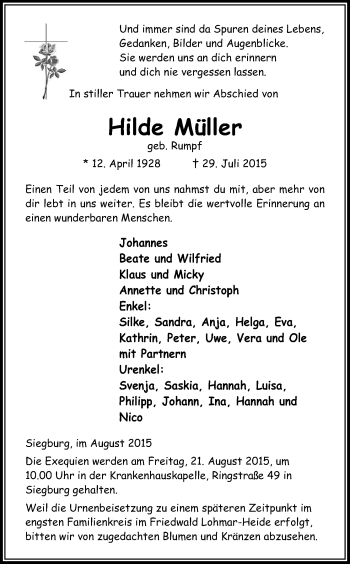 Anzeige von Hilde Müller von Kölner Stadt-Anzeiger / Kölnische Rundschau / Express