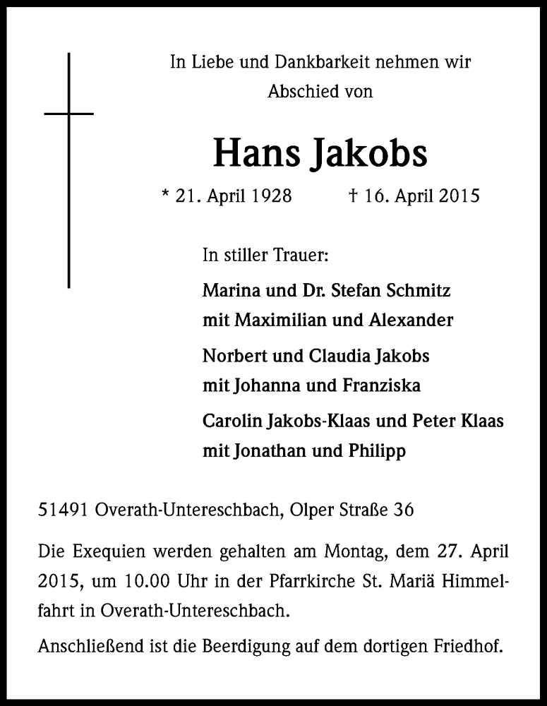  Traueranzeige für Hans Jakobs vom 18.04.2015 aus Kölner Stadt-Anzeiger / Kölnische Rundschau / Express