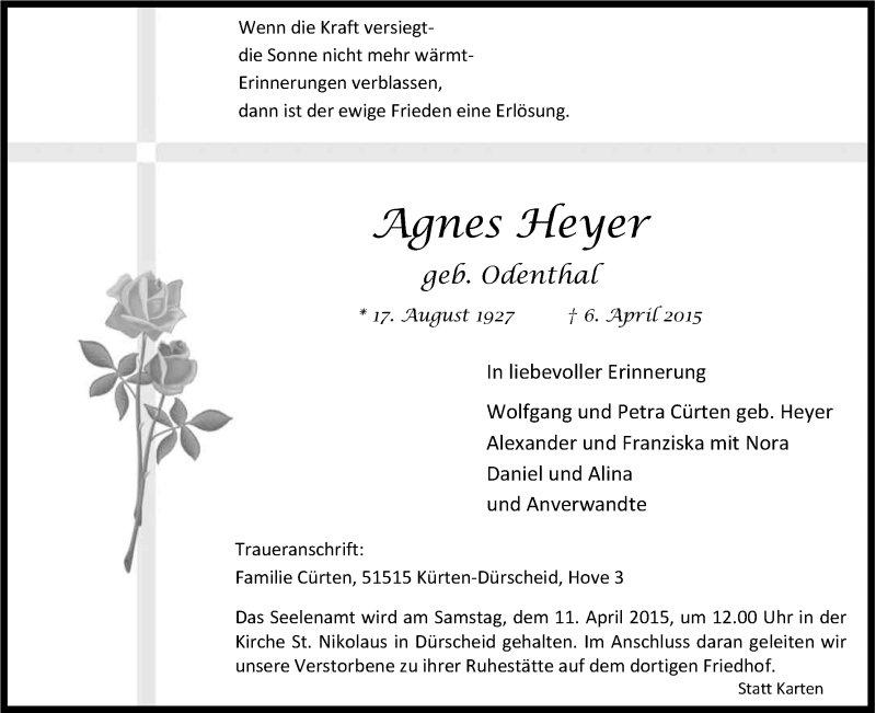  Traueranzeige für Agnes Heyer vom 09.04.2015 aus Kölner Stadt-Anzeiger / Kölnische Rundschau / Express