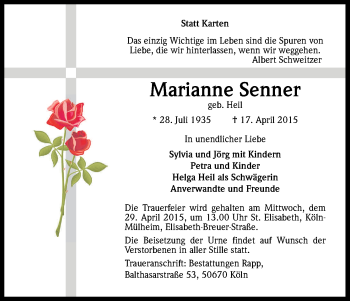 Anzeige von Marianne Senner von Kölner Stadt-Anzeiger / Kölnische Rundschau / Express