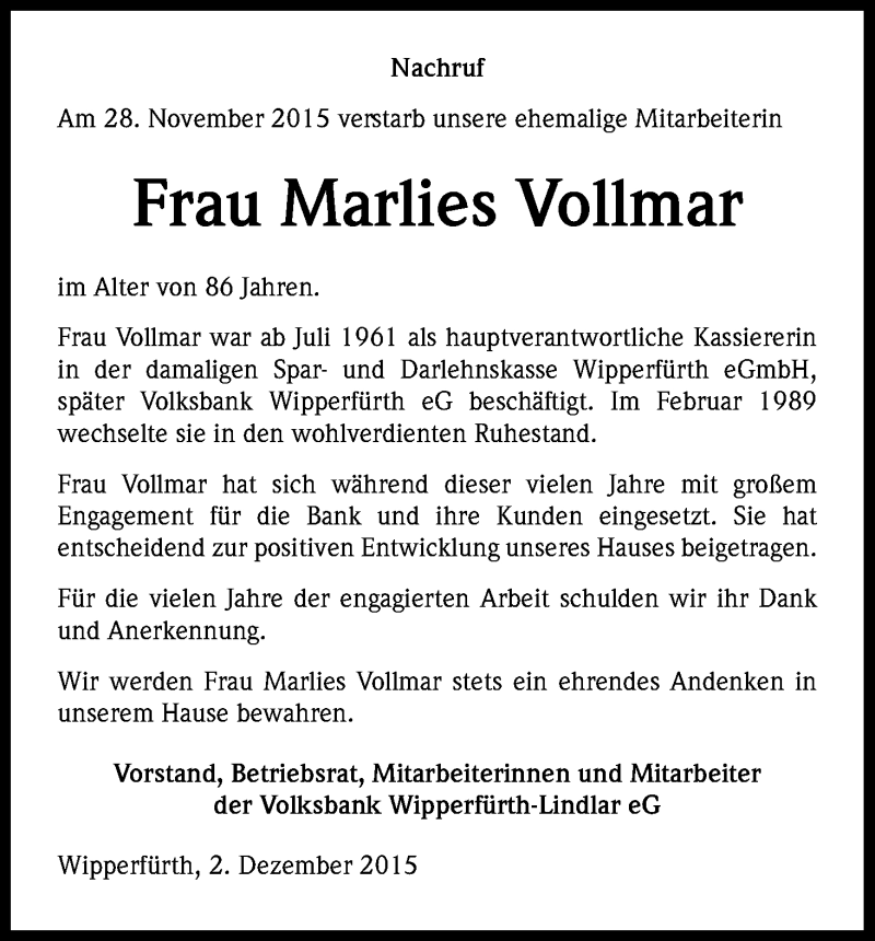  Traueranzeige für Marlies Vollmar vom 05.12.2015 aus Kölner Stadt-Anzeiger / Kölnische Rundschau / Express