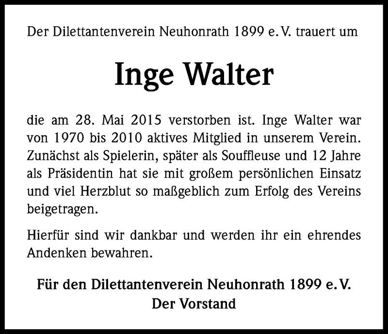  Traueranzeige für Inge Walter vom 10.06.2015 aus Kölner Stadt-Anzeiger / Kölnische Rundschau / Express