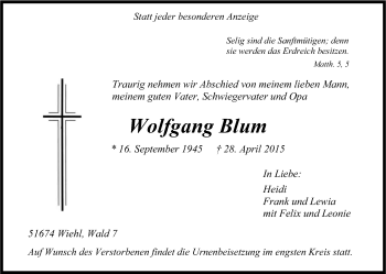 Anzeige von Wolfgang Blum von Kölner Stadt-Anzeiger / Kölnische Rundschau / Express
