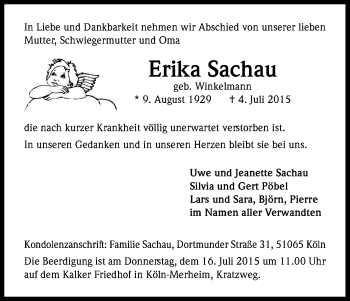 Anzeige von Erika Sachau von Kölner Stadt-Anzeiger / Kölnische Rundschau / Express