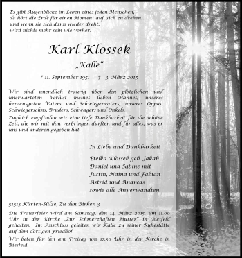 Anzeige von Karl Klossek von Kölner Stadt-Anzeiger / Kölnische Rundschau / Express