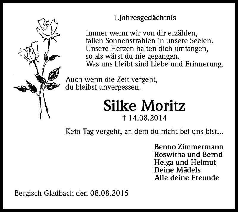  Traueranzeige für Silke Moritz vom 08.08.2015 aus Kölner Stadt-Anzeiger / Kölnische Rundschau / Express