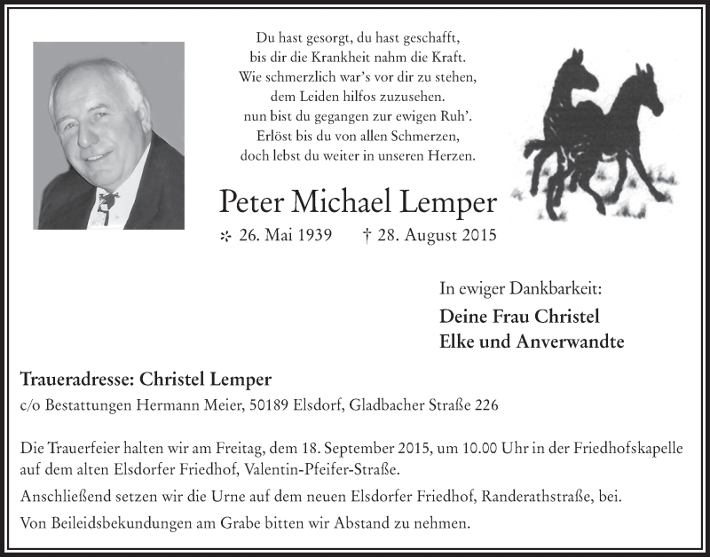  Traueranzeige für Peter Michael Lemper vom 16.09.2015 aus  Werbepost 