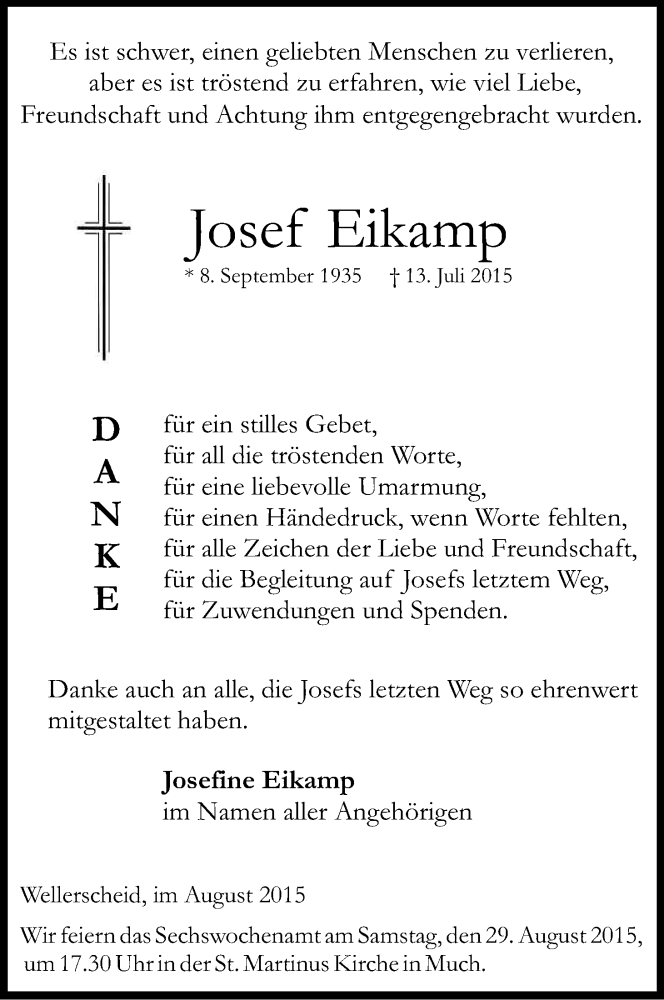  Traueranzeige für Josef Eikamp vom 22.08.2015 aus Kölner Stadt-Anzeiger / Kölnische Rundschau / Express