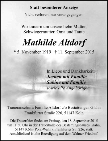 Anzeige von Mathilde Altdorf von  Kölner Wochenspiegel 