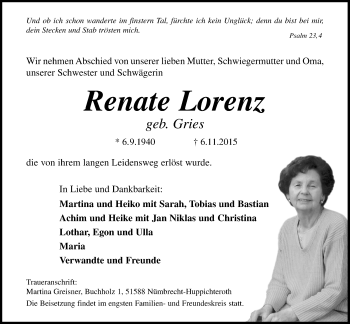 Anzeige von Renate Lorenz von  Lokalanzeiger 