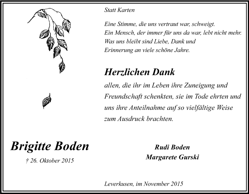  Traueranzeige für Brigitte Boden vom 28.11.2015 aus Kölner Stadt-Anzeiger / Kölnische Rundschau / Express