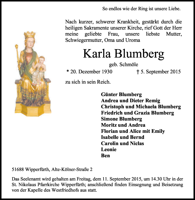  Traueranzeige für Karla Blumberg vom 09.09.2015 aus Kölner Stadt-Anzeiger / Kölnische Rundschau / Express