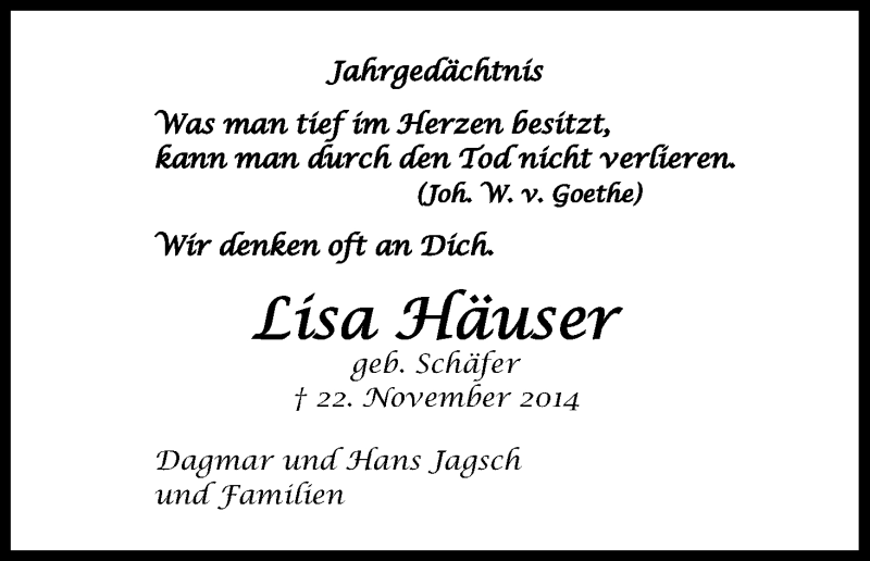  Traueranzeige für Lisa Häuser vom 21.11.2015 aus Kölner Stadt-Anzeiger / Kölnische Rundschau / Express