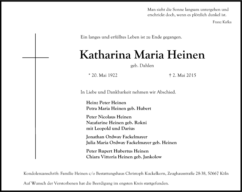  Traueranzeige für Maria Katharina Heinen vom 09.05.2015 aus Kölner Stadt-Anzeiger / Kölnische Rundschau / Express