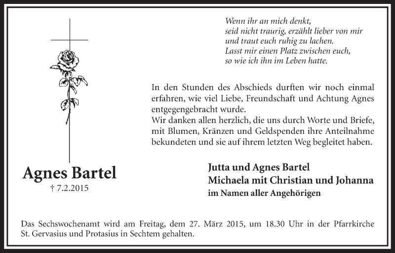  Traueranzeige für Agnes Bartel vom 18.03.2015 aus  Schlossbote/Werbekurier 