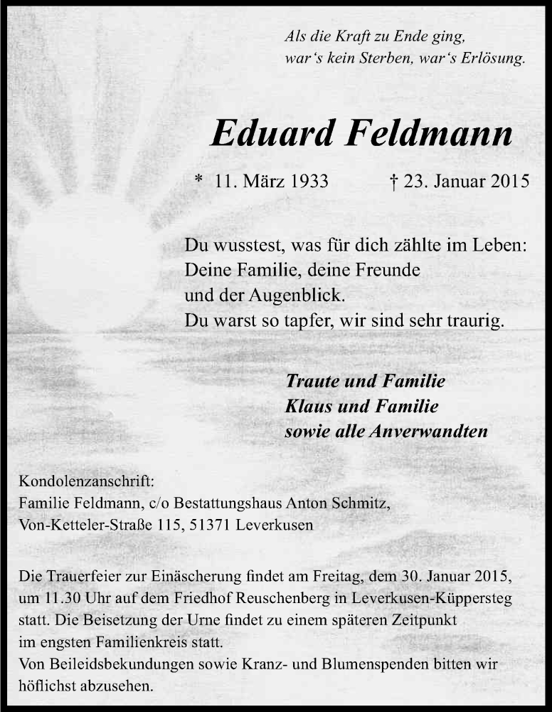  Traueranzeige für Eduard Feldmann vom 27.01.2015 aus Kölner Stadt-Anzeiger / Kölnische Rundschau / Express
