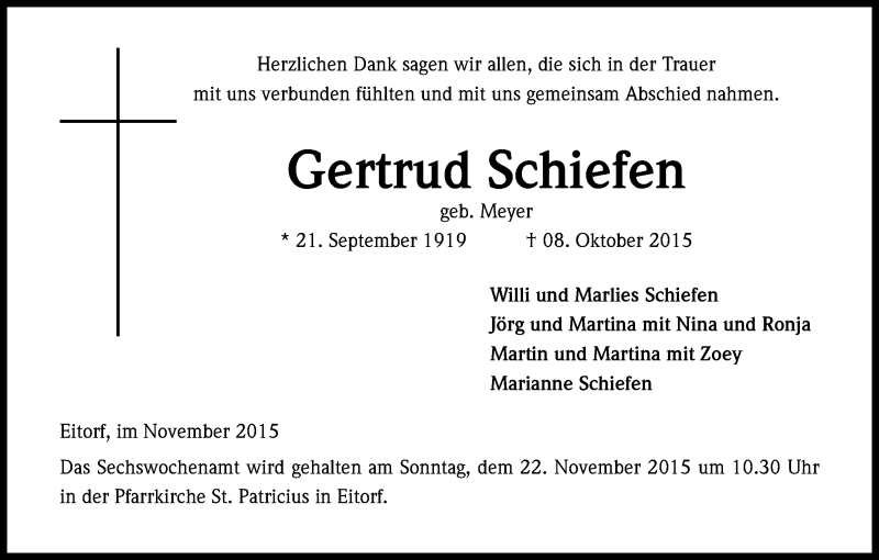  Traueranzeige für Gertrud Schiefen vom 14.11.2015 aus Köln - Wir Trauern