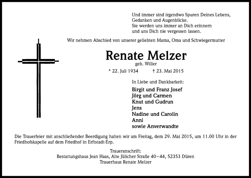  Traueranzeige für Renate Melzer vom 27.05.2015 aus Kölner Stadt-Anzeiger / Kölnische Rundschau / Express