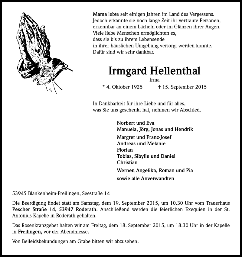  Traueranzeige für Irmgard Hellenthal vom 17.09.2015 aus Kölner Stadt-Anzeiger / Kölnische Rundschau / Express