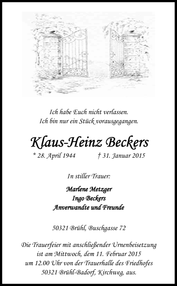 Anzeige von Klaus-Heinz Beckers von Kölner Stadt-Anzeiger / Kölnische Rundschau / Express