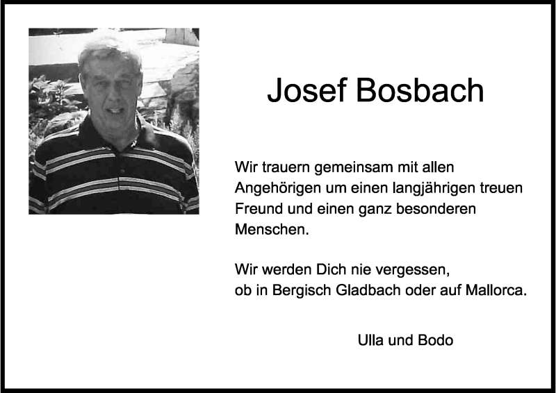  Traueranzeige für Josef Bosbach vom 08.09.2015 aus Kölner Stadt-Anzeiger / Kölnische Rundschau / Express