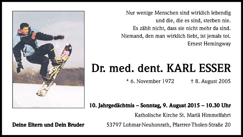  Traueranzeige für Karl Esser vom 01.08.2015 aus Kölner Stadt-Anzeiger / Kölnische Rundschau / Express