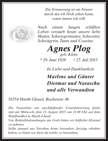 Anzeige von Agnes Plog von  Wochenende 