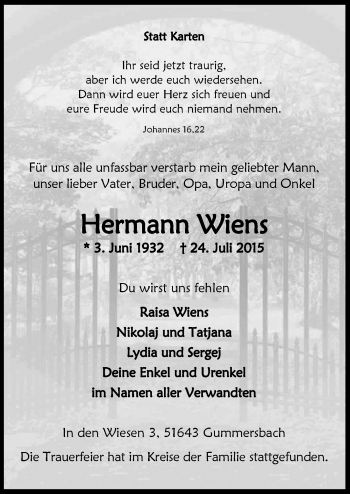 Anzeige von Hermann Wiens von  Anzeigen Echo 
