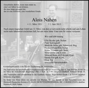 Anzeige von Alois Nahen von Kölner Stadt-Anzeiger / Kölnische Rundschau / Express