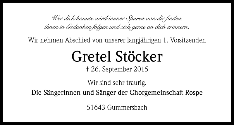  Traueranzeige für Margarete Stöcker vom 02.10.2015 aus Kölner Stadt-Anzeiger / Kölnische Rundschau / Express