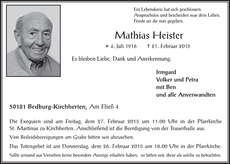  Traueranzeige für Mathias Heister vom 25.02.2015 aus  Werbepost 