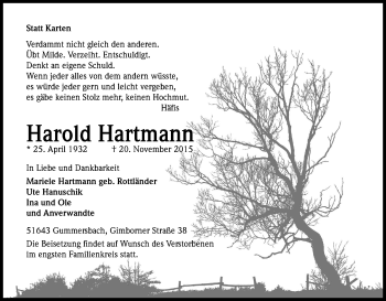 Anzeige von Harold Hartmann von Kölner Stadt-Anzeiger / Kölnische Rundschau / Express
