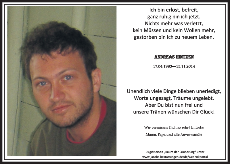  Traueranzeige für Andreas Hintzen vom 14.11.2015 aus  Sonntags-Post 