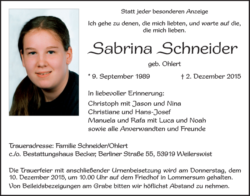  Traueranzeige für Sabrina Schneider vom 06.12.2015 aus  Blickpunkt Euskirchen 
