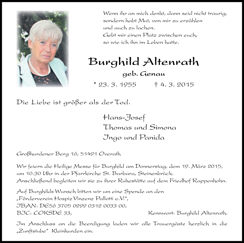  Traueranzeige für Burghild Altenrath vom 11.03.2015 aus Kölner Stadt-Anzeiger / Kölnische Rundschau / Express