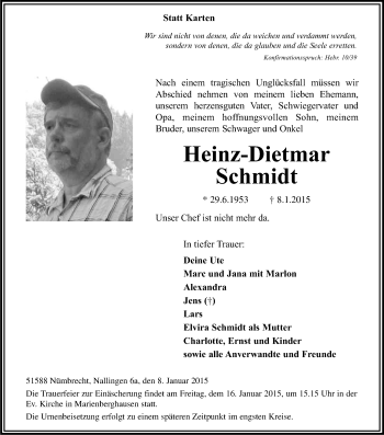 Anzeige von Heinz-Dietmar Schmidt von Kölner Stadt-Anzeiger / Kölnische Rundschau / Express