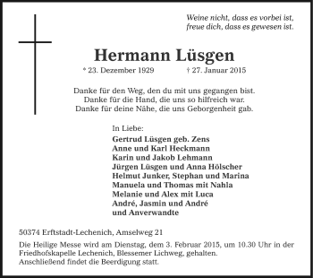 Anzeige von Hermann Lüsgen von Kölner Stadt-Anzeiger / Kölnische Rundschau / Express