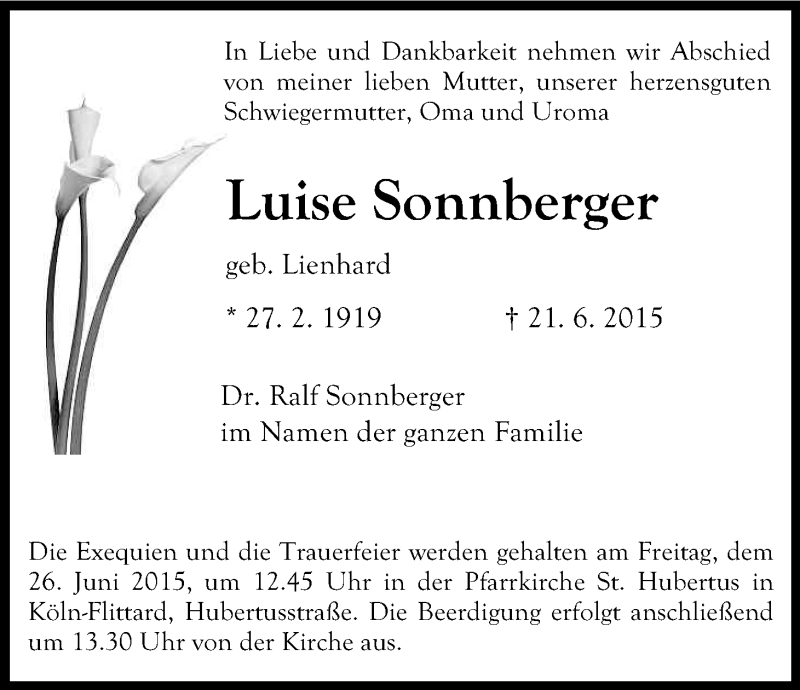  Traueranzeige für Luise Sonnberger vom 24.06.2015 aus Kölner Stadt-Anzeiger / Kölnische Rundschau / Express