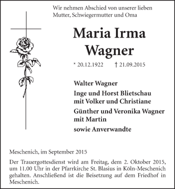 Anzeige von Maria Irma Wagner von  Schlossbote/Werbekurier 