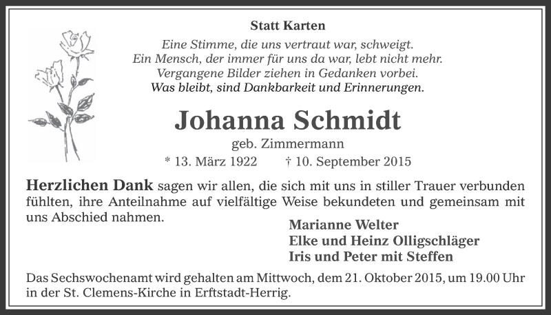  Traueranzeige für Johanna Schmidt vom 14.10.2015 aus  Werbepost 