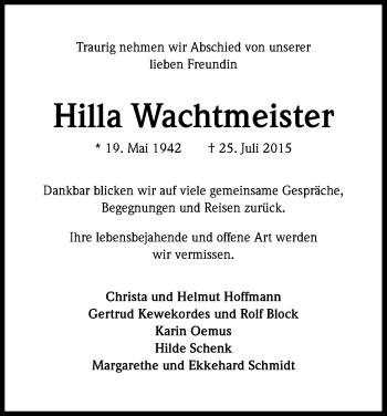 Anzeige von Hilla Wachtmeister von Kölner Stadt-Anzeiger / Kölnische Rundschau / Express