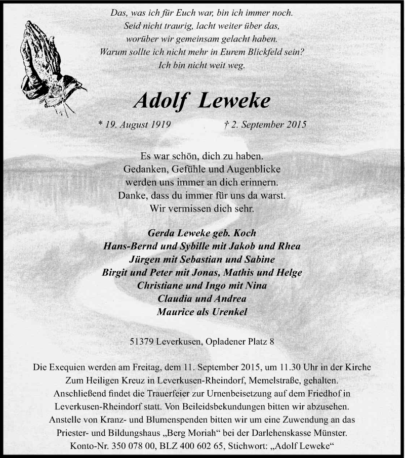  Traueranzeige für Adolf Leweke vom 08.09.2015 aus Kölner Stadt-Anzeiger / Kölnische Rundschau / Express