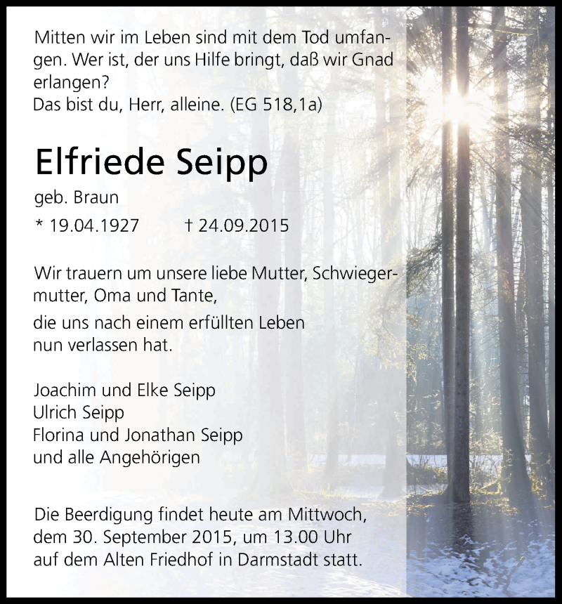 Traueranzeige für Elfriede Seipp vom 30.09.2015 aus Kölner Stadt-Anzeiger / Kölnische Rundschau / Express