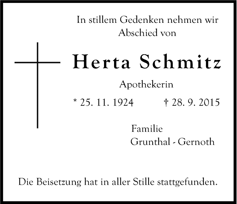  Traueranzeige für Herta Schmitz vom 10.10.2015 aus Kölner Stadt-Anzeiger / Kölnische Rundschau / Express