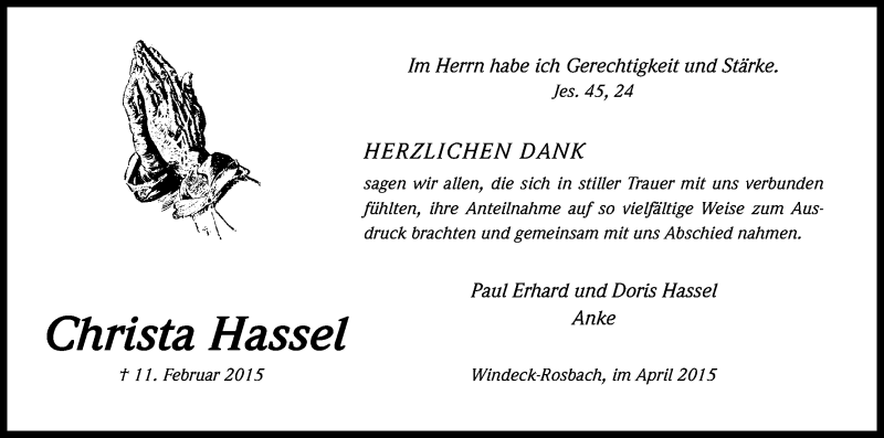  Traueranzeige für Christa Hassel vom 04.04.2015 aus Kölner Stadt-Anzeiger / Kölnische Rundschau / Express