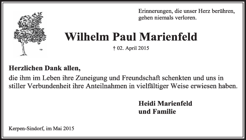  Traueranzeige für Wilhelm Paul Marienfeld vom 09.05.2015 aus  Sonntags-Post 