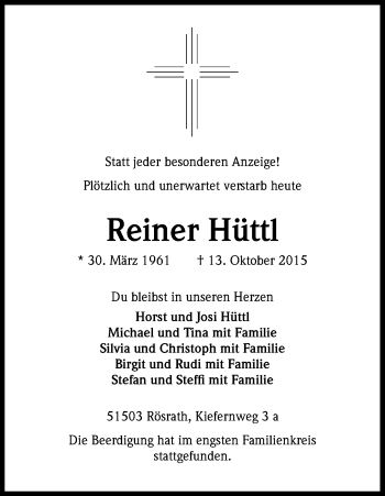 Anzeige von Reiner Hüttl von Kölner Stadt-Anzeiger / Kölnische Rundschau / Express