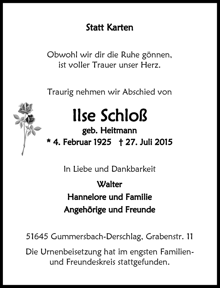  Traueranzeige für Ilse Schloß vom 12.08.2015 aus  Anzeigen Echo 