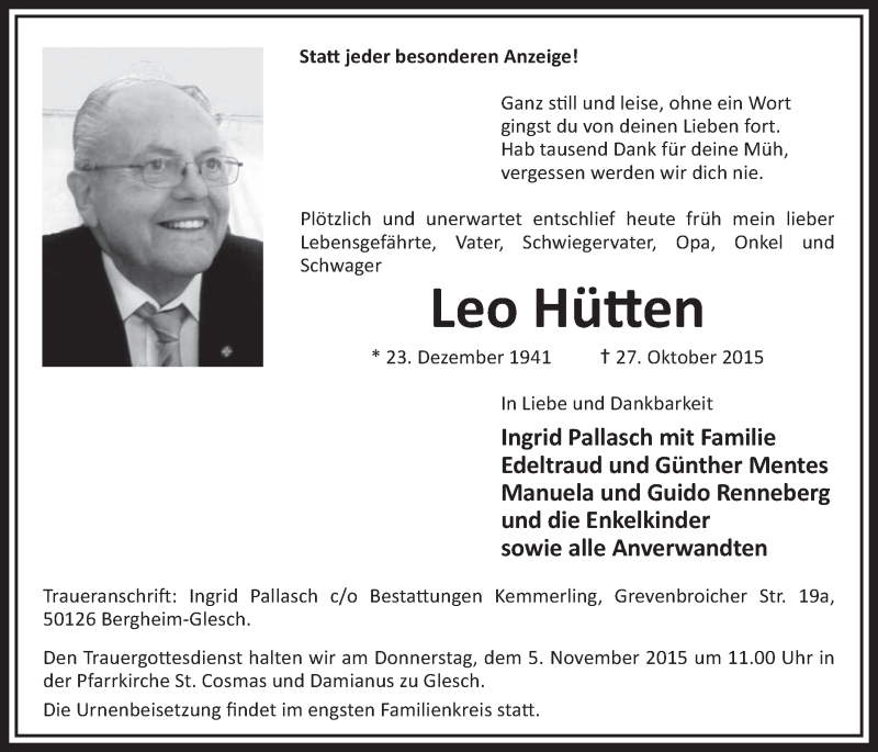  Traueranzeige für Leo Hütten vom 31.10.2015 aus  Sonntags-Post 